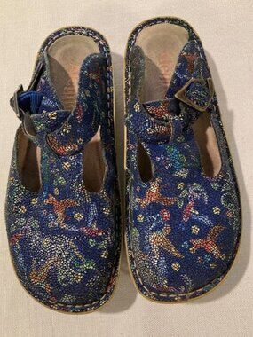 Alegria Blue Mosaic Birdland Leather Clogs 38 (7.5-8) Birds Boho Art Ergonomic